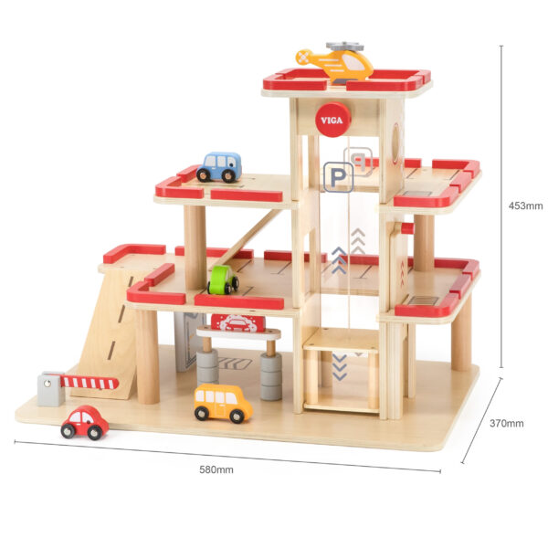 VIGA Drewniany Parking dla Samochodzików z Windą 4 Autka Helikopter - 012
