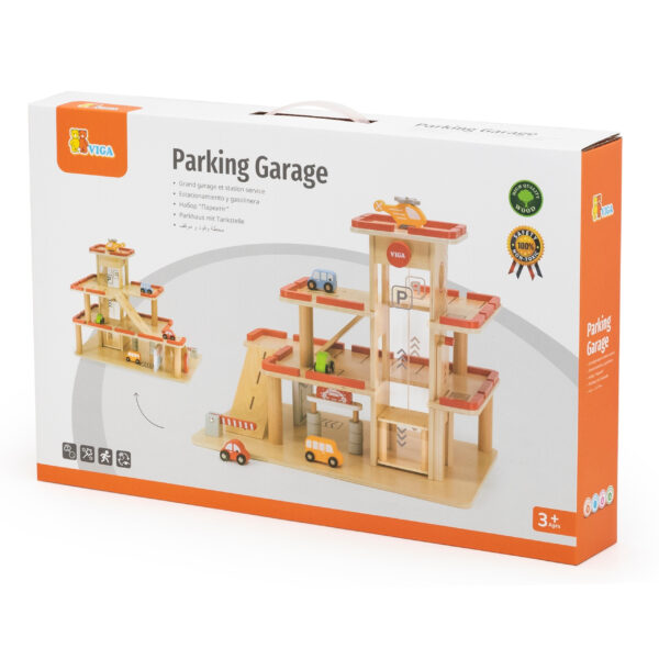 VIGA Drewniany Parking dla Samochodzików z Windą 4 Autka Helikopter - 013