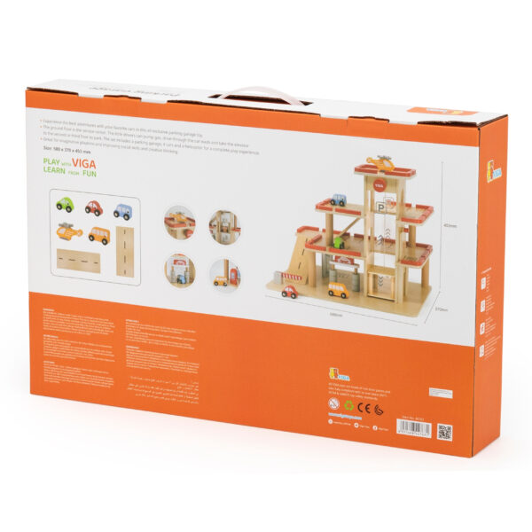 VIGA Drewniany Parking dla Samochodzików z Windą 4 Autka Helikopter - 014