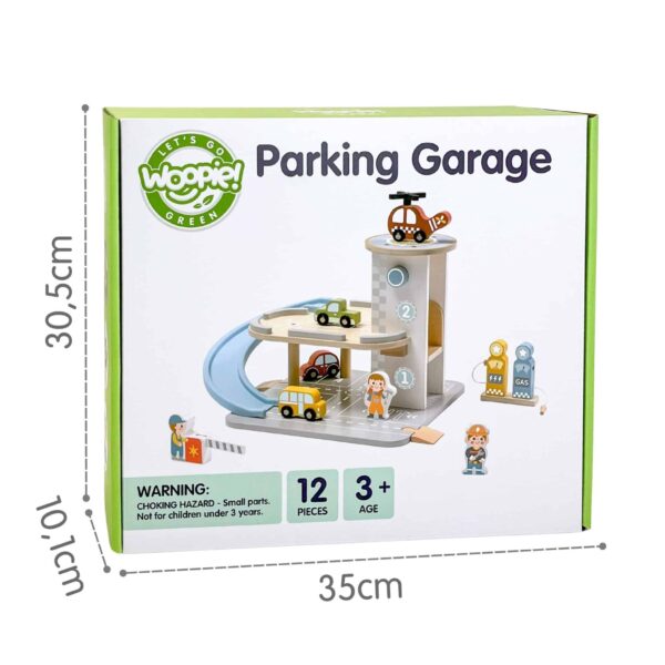 WOOPIE GREEN Drewniany Parking Piętrowy 2w1 Stacja Benzynowa z Autkami i Figurkami 12 el. FSC - 005