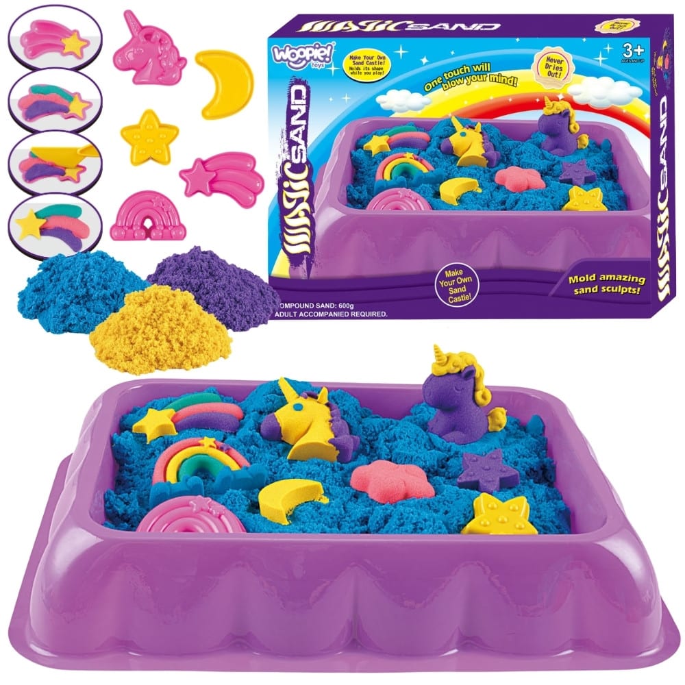 WOOPIE Piasek Kinetyczny 0,6 kg Zestaw Jednorożec Stolik z Foremkami - 001