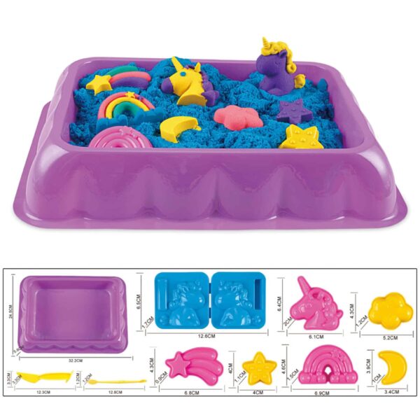 WOOPIE Piasek Kinetyczny 0,6 kg Zestaw Jednorożec Stolik z Foremkami - 002