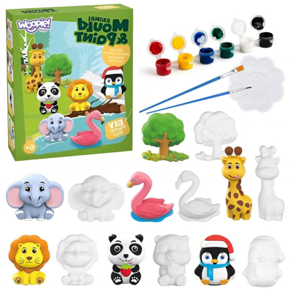 WOOPIE Zestaw Kreatywny z Farbami DIY Zrób Odlewy Gipsowe Figurki i Pomaluj - Zestaw Zwierzątka - 001