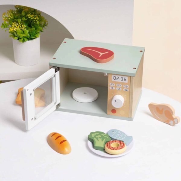 Drewniana Mikrofalówka Tooky Toy - Edukacyjny Zestaw AGD z Jedzeniem - 004