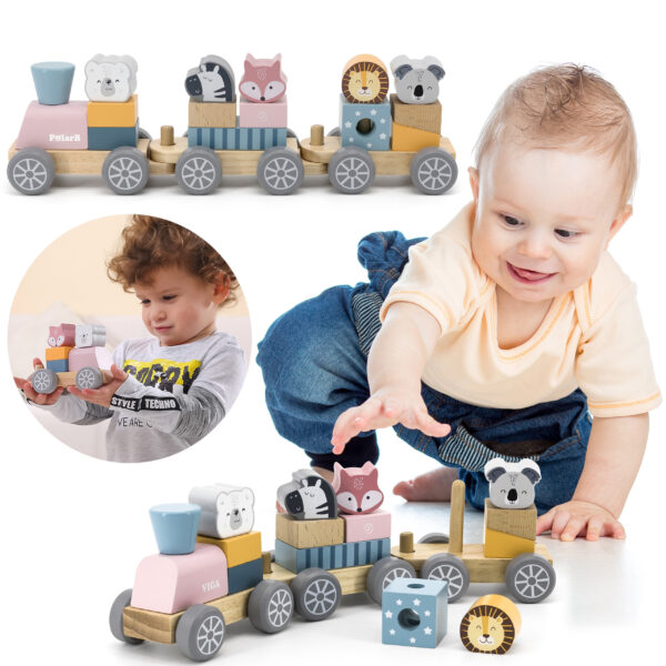 VIGA PolarB Drewniana Kolejka z Wagonikami i Zwierzątkami Do Układania Montessori - 001