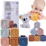 Klocki sensoryczne 2w1 piramidka gryzak 6 elem. 0+ - WOOPIE - 001
