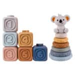 Klocki sensoryczne 2w1 piramidka gryzak 6 elem. 0+ - WOOPIE - 009