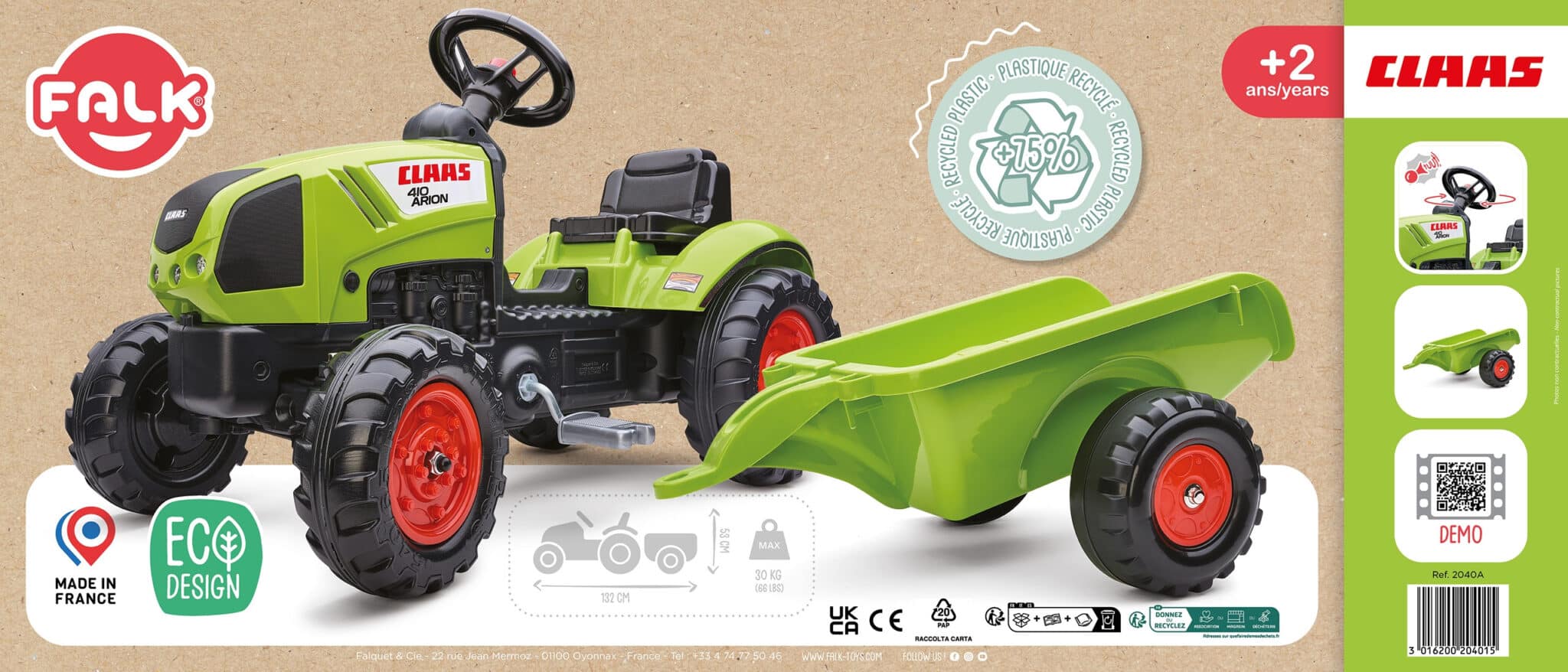 FALK Traktor Claas Zielony na Pedały z Przyczepą + Klakson od 2 Lat. - 011