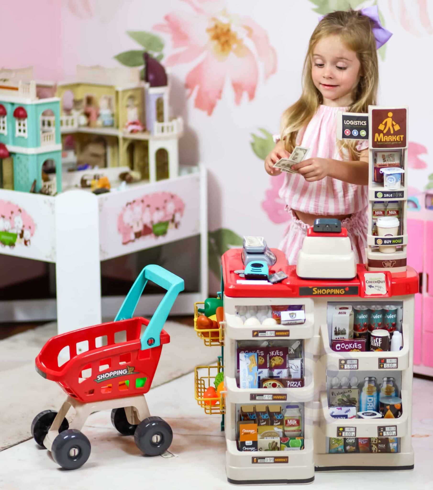 Duży sklep supermarket dla dzieci wózek kasa 48 akc. - Woopie - 003