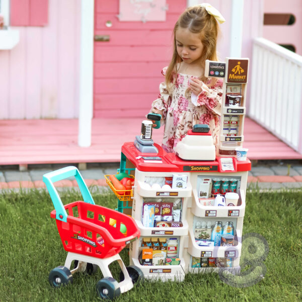 Duży sklep supermarket dla dzieci wózek kasa 48 akc. - Woopie - 016