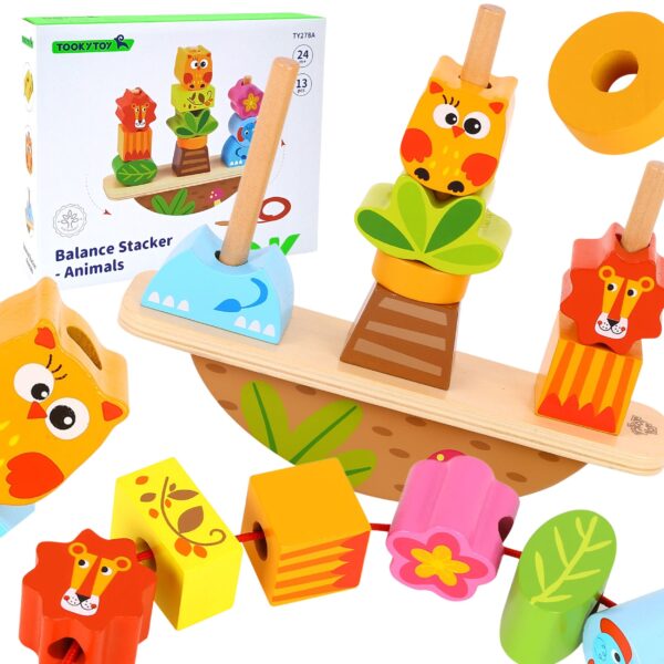 TOOKY TOY Drewniany Stacker Układanka Balansująca Zwierzęta Nawlekanka
