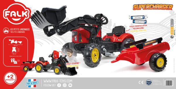 FALK Traktorek Supercharger Czerwony Otwierana Maska z Przyczepką + Łyżka Od 2 Lat - 004