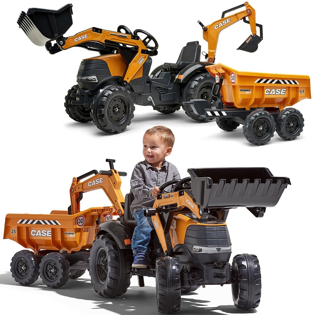 FALK Traktor Case IH Backhoe Pomarańczowy z Przyczepką Ruchoma Łyżka od 3-7 Lat - 001