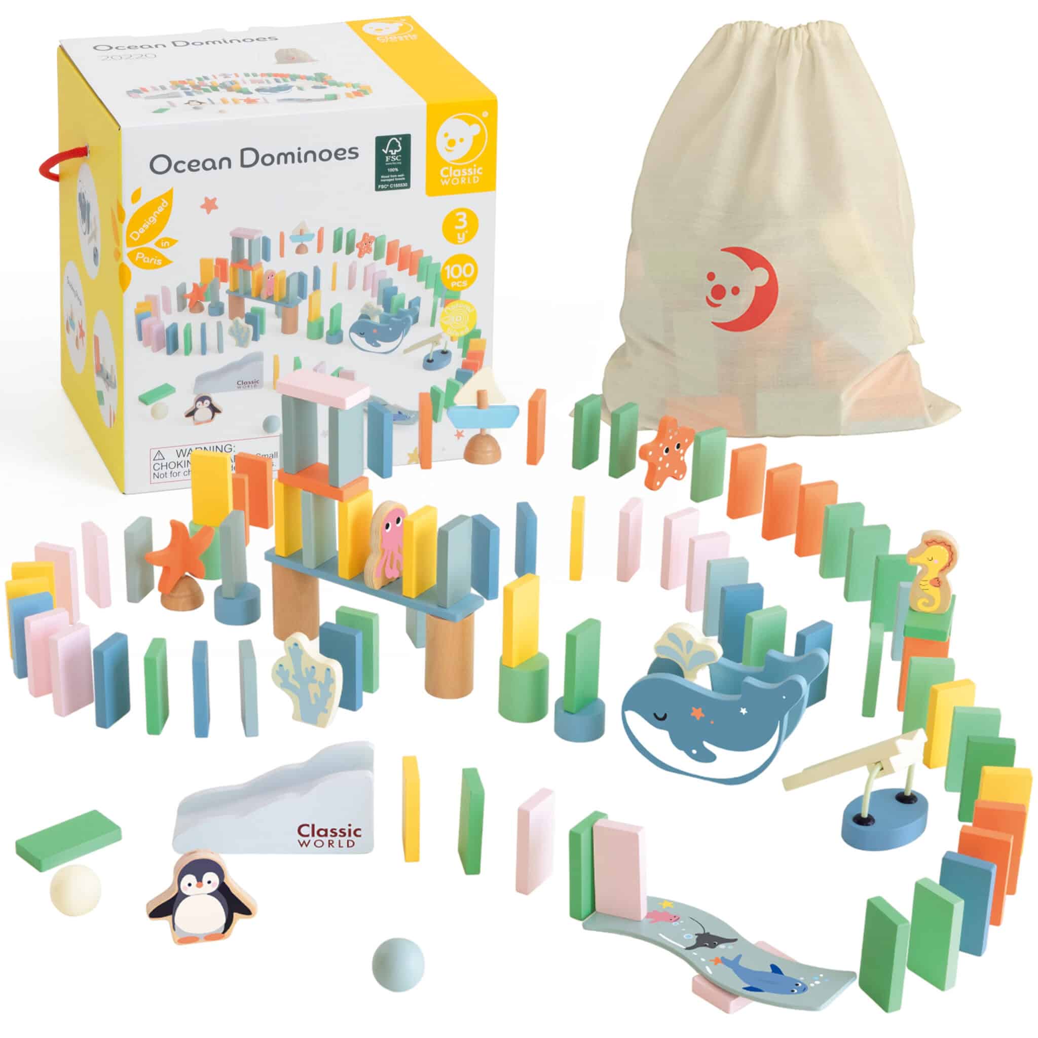 Drewniany Tor Domino z Przeszkodami Classic World – Klocki Kinetyczne Montessori - 001