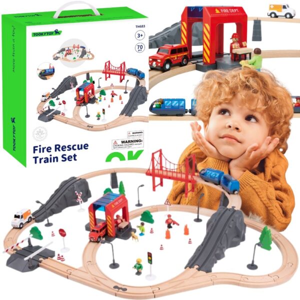export Tooky Toy Drewniana Kolejka Elektryczna Straż Pożarna Efekty Dźwiękowe 70 el. FSC