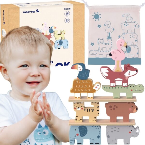 TOOKY TOY Drewniane Klocki Układanka Wieża Stacker Stosy Zwierzątka Montessori 13 el.