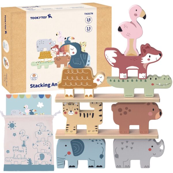 TOOKY TOY Drewniane Klocki Układanka Wieża Stacker Stosy Zwierzątka Montessori 13 el. - 006