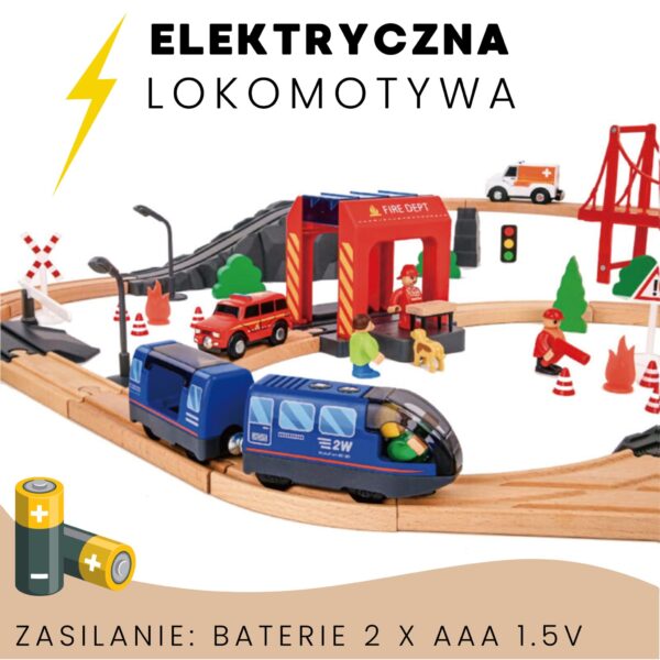 Tooky Toy Drewniana Kolejka Elektryczna Straż Pożarna Efekty Dźwiękowe 70 el. FSC - 004