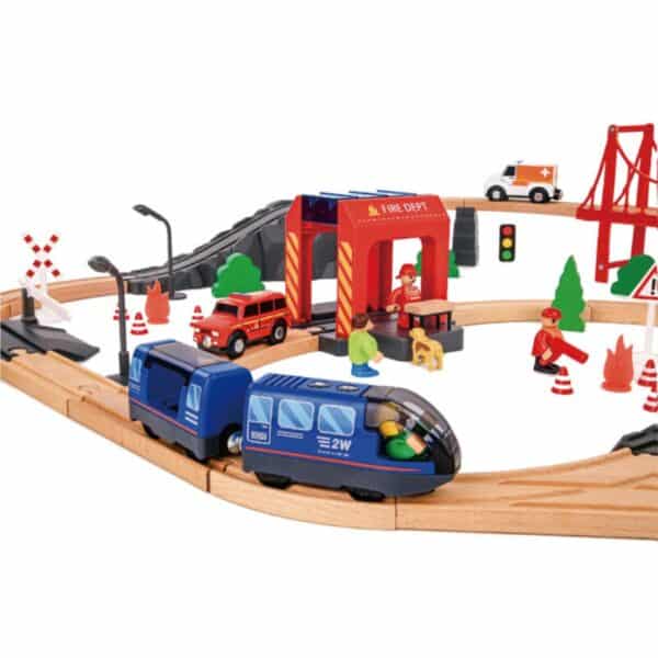 Tooky Toy Drewniana Kolejka Elektryczna Straż Pożarna Efekty Dźwiękowe 70 el. FSC - 009
