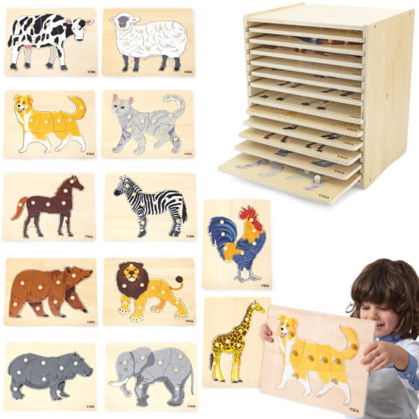 Zestaw 12 Puzzli Drewnianych Zwierzątka Montessori na Stojaku Viga - 001