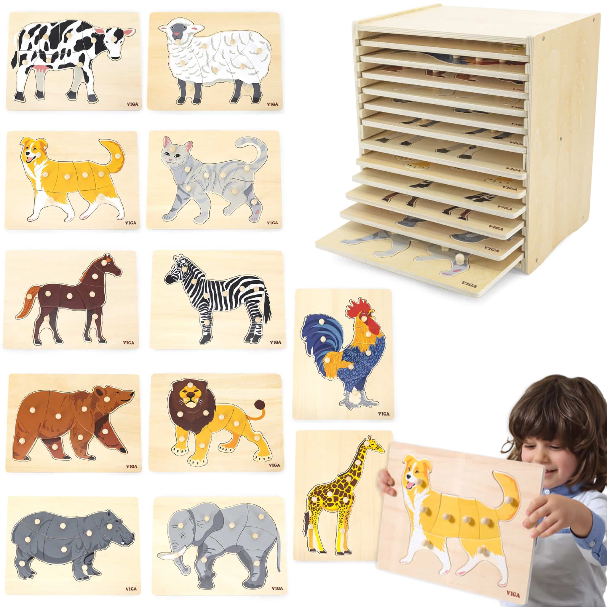 Zestaw 12 Puzzli Drewnianych Zwierzątka Montessori na Stojaku Viga - 001