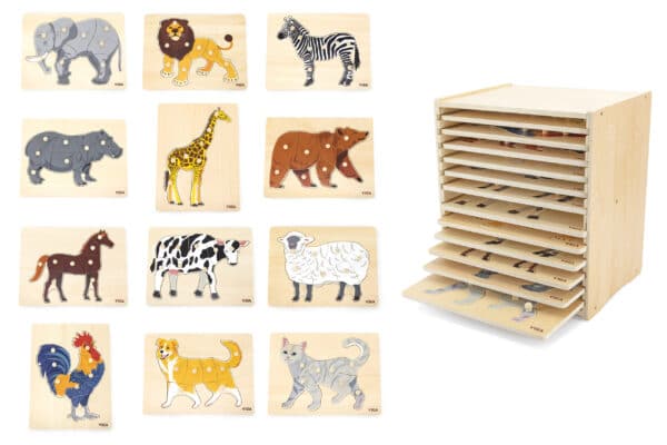 Zestaw 12 Puzzli Drewnianych Zwierzątka Montessori na Stojaku Viga - 002