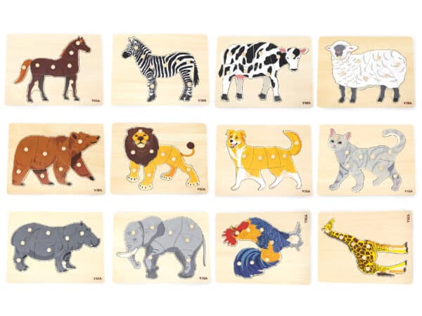 Zestaw 12 Puzzli Drewnianych Zwierzątka Montessori na Stojaku Viga - 005
