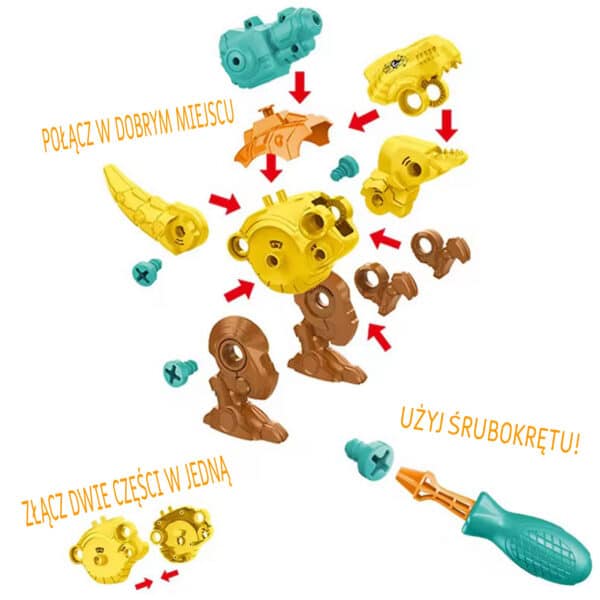WOOPIE Zestaw Dinozaury do Skręcania 3 szt. Zestaw Konstrukcyjny w Pudełku + Wiertarka i Śrubokręt - 010
