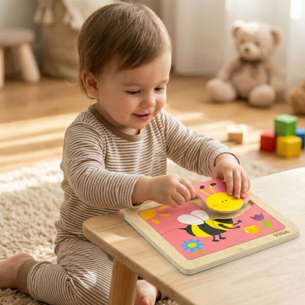 Poręczne puzzle drewniane Pszczoła 15x15 cm dla niemowląt - Viga - 002