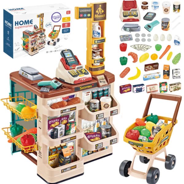 WOOPIE Sklep Supermarket z Wózkiem Waga Kasa Skaner + 48 Akc. - 001