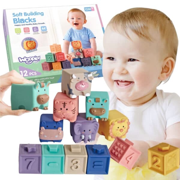 WOOPIE BABY Klocki Sensoryczne Układanka do Ściskania Dźwięk Nauka Liczenia 12 el. - 001