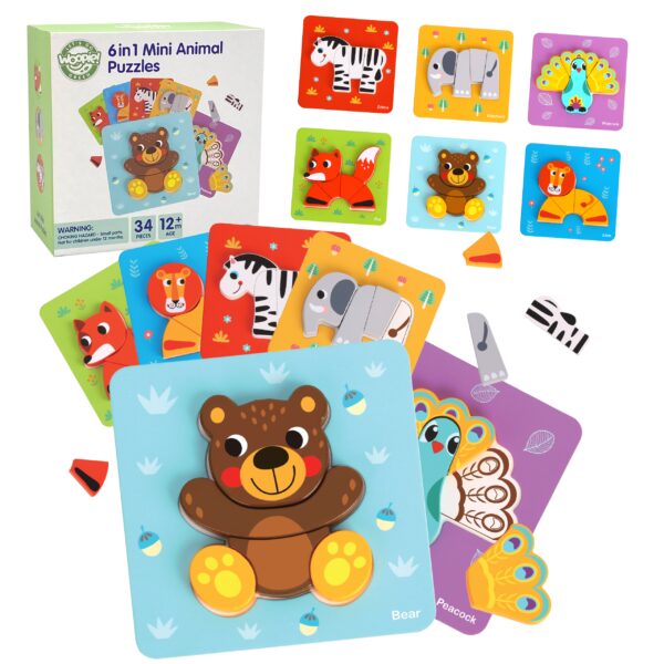 WOOPIE GREEN Układanka Drewniana Klocki Zwierzątka Montessori FSC 34el. - 001