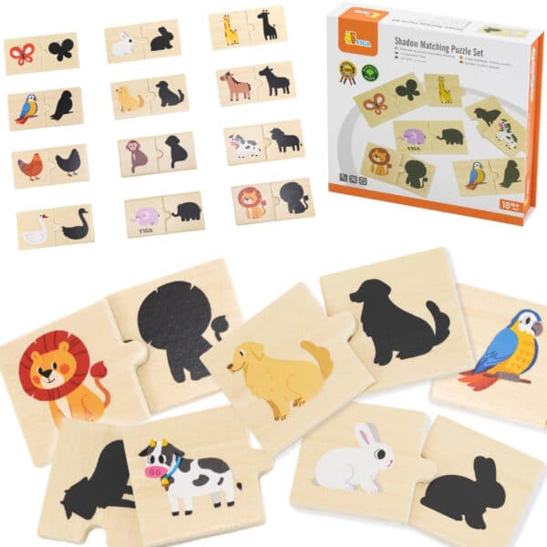 VIGA Zestaw Drewniane Puzzle Układanka Zwierzątka Dopasuj Cienie - 001