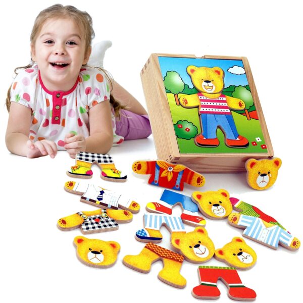 VIGA Drewniane Puzzle Układanka Edukacyjna Ubierz Misia Chłopca - 001