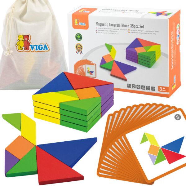 Zestaw Logiczny Tangram Drewniany z Kartami Wzorów FSC Viga - 008
