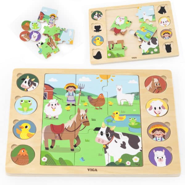 VIGA Drewniane Puzzle Odgadnij Po Cieniu - Farma Układanka 17 el. - 001