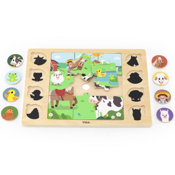 VIGA Drewniane Puzzle Odgadnij Po Cieniu - Farma Układanka 17 el. - 005