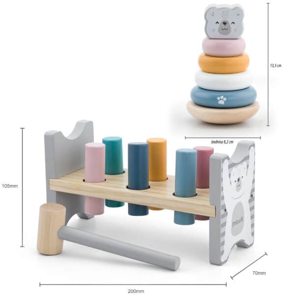 VIGA PolarB Zestaw Drewniana Piramidka + Przebijanka z Młoteczkiem Miś Polarny Montessori - 008