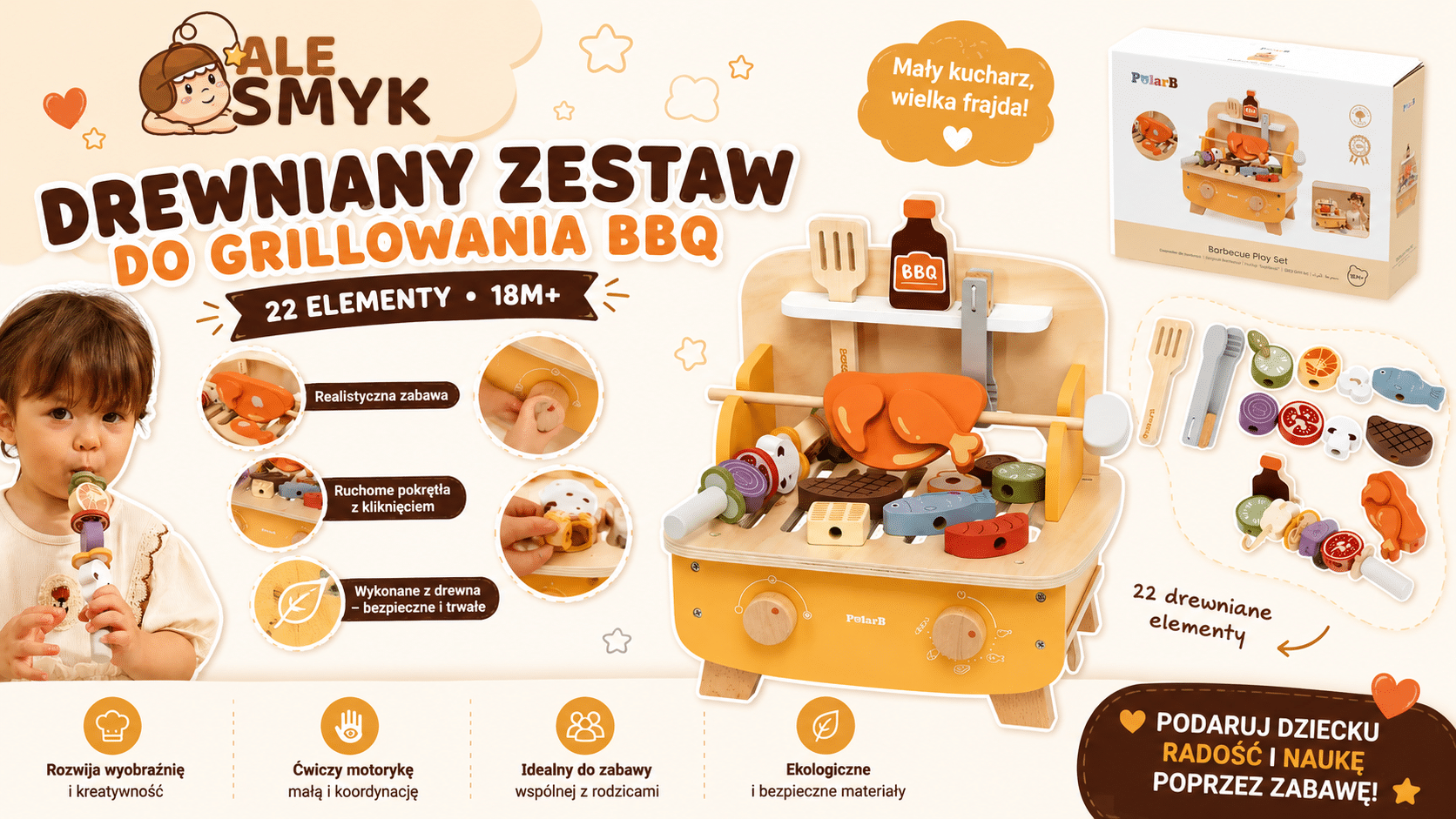 Drewniany zestaw do grillowania BBQ 22 elementy – mały kucharz, wielka kulinarna przygoda 14