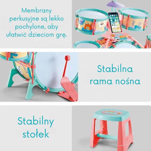 WOOPIE Perkusja Edukacyjna dla Dzieci 5 Bębnów 1 Talerz + Taboret z Motywem Zwierzątek - 003