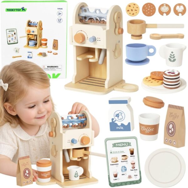TOOKY TOY Drewniany Zestaw Do Kawy - Ekspres Baristy - 001