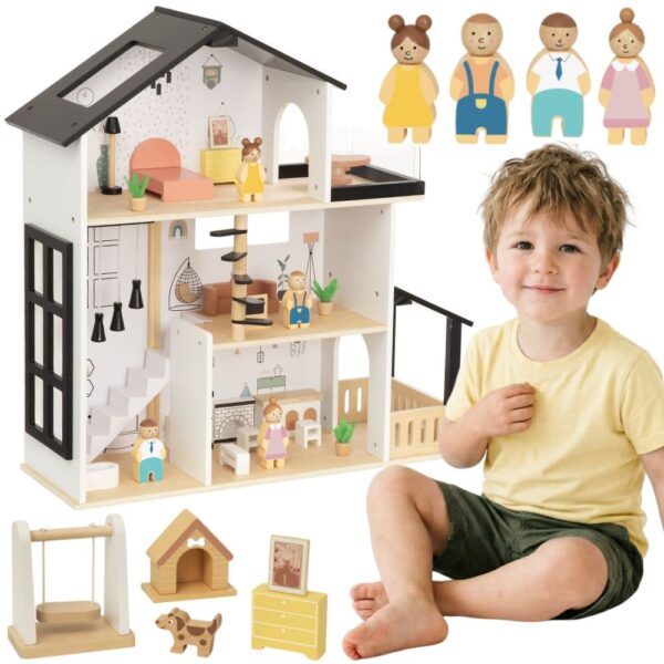 TOOKY TOY Drewniana Rezydencja dla Lalek 25 Elementów - 001