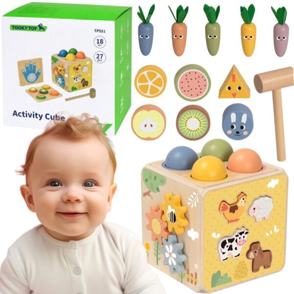 Duża Drewniana Kostka Edukacyjna Tooky Toy Wiosna – Sorter 5w1 18m+ - 001