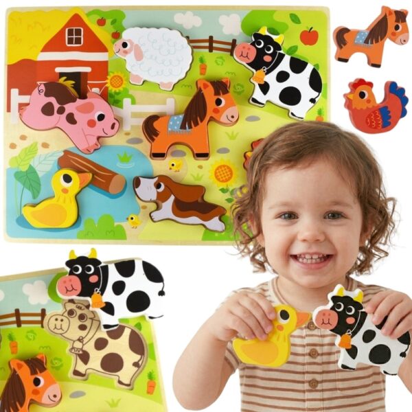 TOOKY TOY Drewniane Puzzle Montessori Zwierzątka Farma Dopasuj Kształty - 001