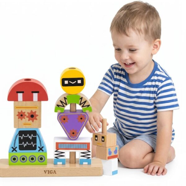 Drewniana Piramida Montessori Roboty Viga – Klocki Edukacyjne na Paliku - 001