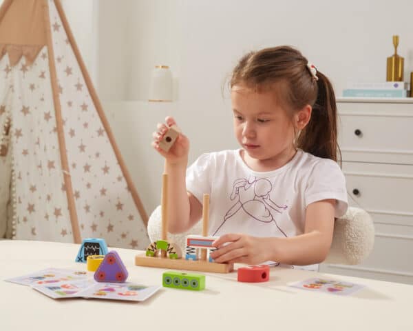 Drewniana piramidka edukacyjna Roboty z kartami wzorów - Viga - 003