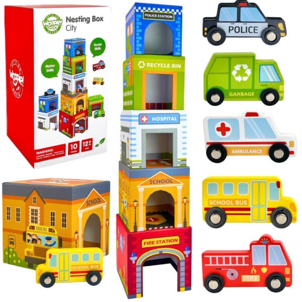 WOOPIE GREEN Układanka Kostki Miasto Pojazdy w Pudełkach + Figurki 10 el. - 001