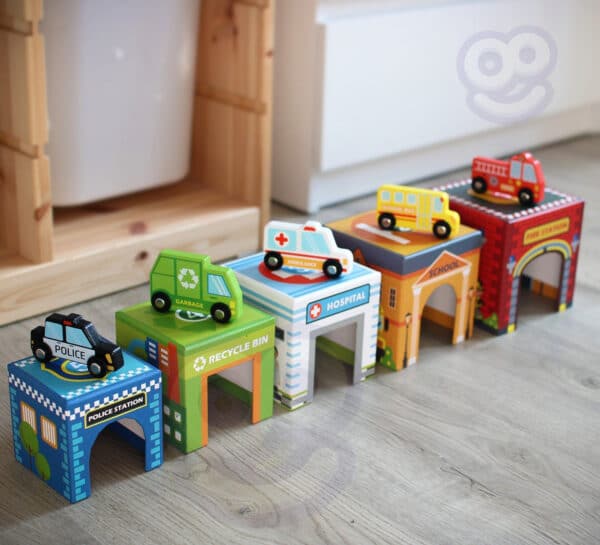 WOOPIE GREEN Układanka Kostki Miasto Pojazdy w Pudełkach + Figurki 10 el. - 008