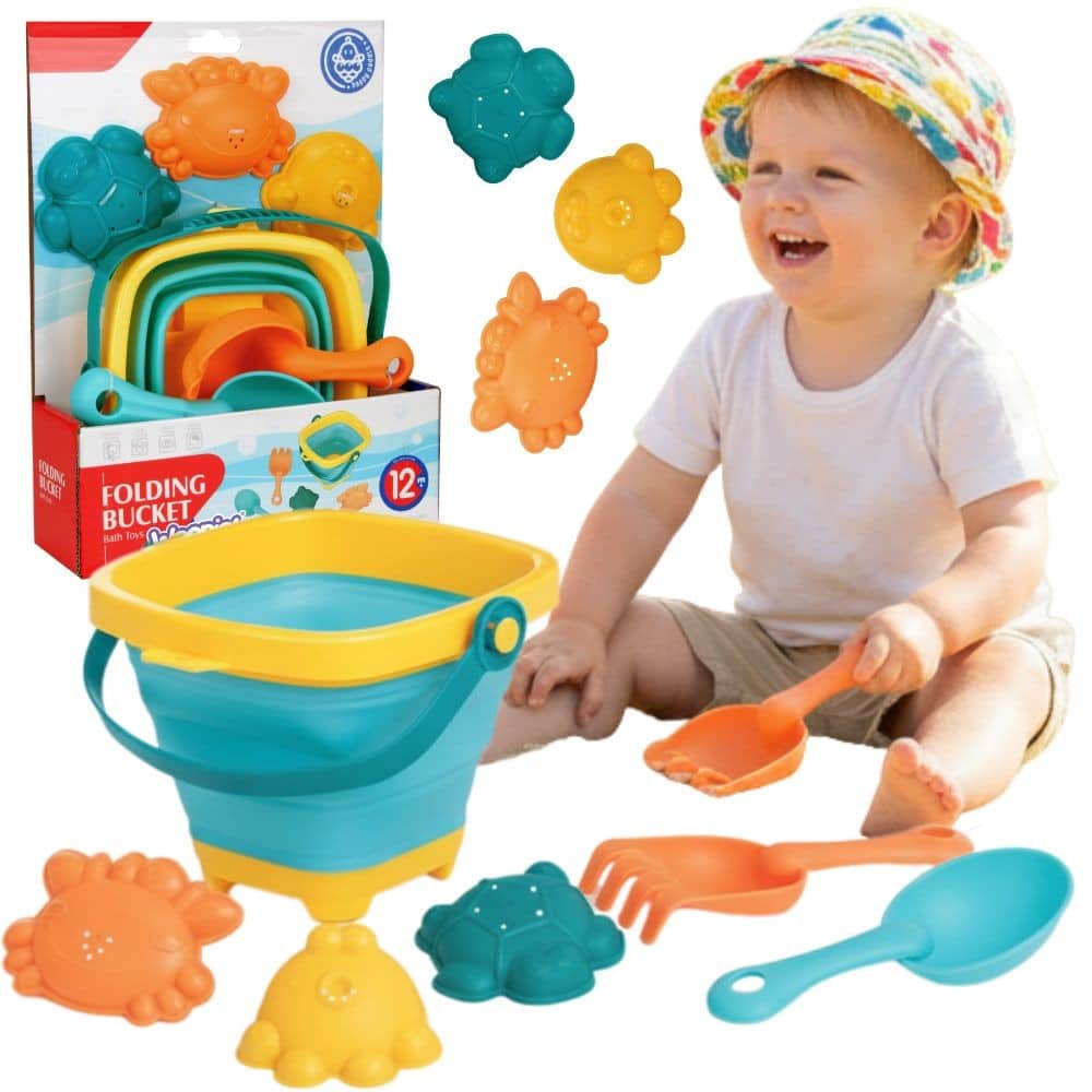 WOOPIE BABY Zestaw Wiaderko Składane z Grabkami Łopatką Foremki Niebieskie - 001