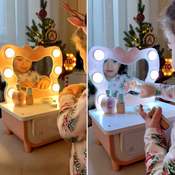 TOOKY TOY Drewniana Toaletka Motylek Akcesoria Lustro z Oświetleniem LED + Kosmetyki - 002